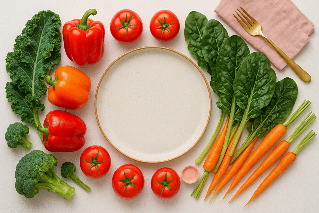  Colorful halo of mixed vegetables surrounding an empty plate, showing the importance of eating vegetables every day.