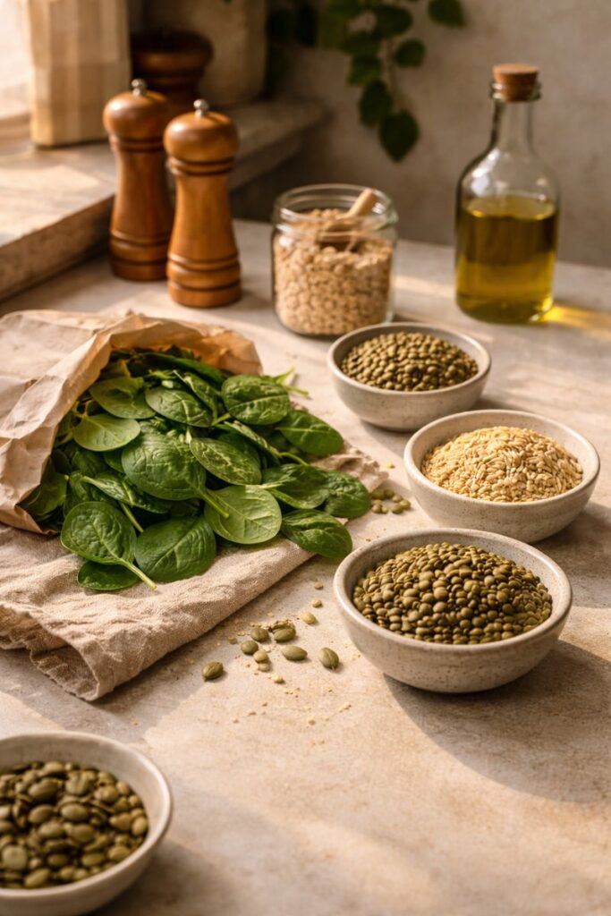  Everyday plant-based foods high in iron shown in a relaxed kitchen setting to reflect increasing iron levels without stress or food rules