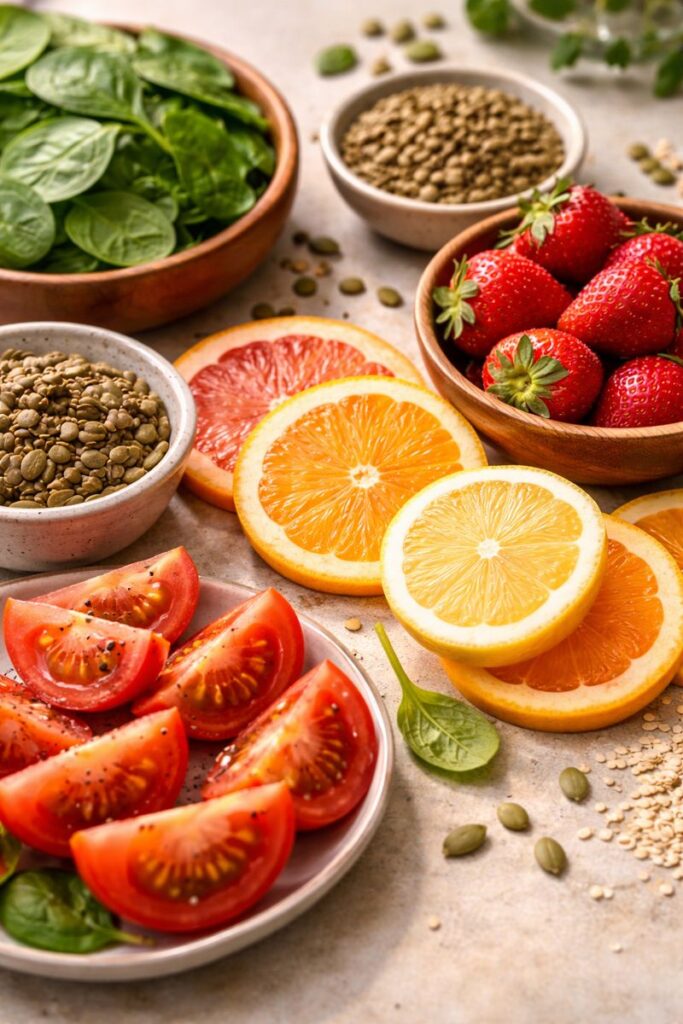 Plant-based iron-rich foods paired with vitamin C sources like citrus, strawberries, and tomato to support better iron absorption naturally