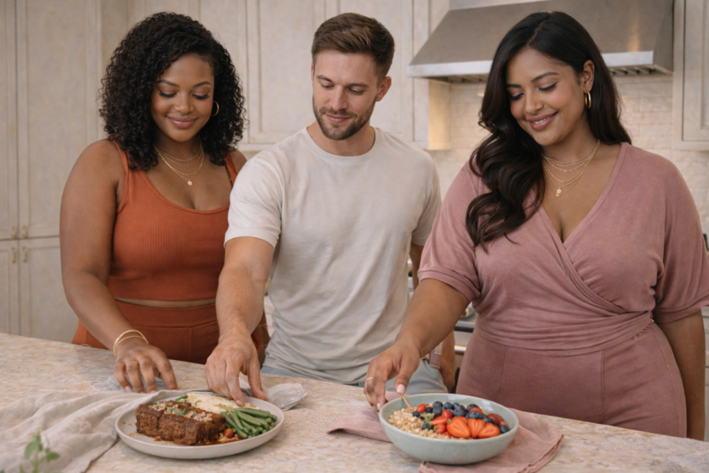Diverse group choosing between balanced plant-based meal options in a modern kitchen, illustrating a realistic plant-based lifestyle and letting go of all-or-nothing thinking.