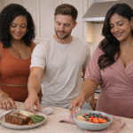 Diverse group choosing between balanced plant-based meal options in a modern kitchen, illustrating a realistic plant-based lifestyle and letting go of all-or-nothing thinking.