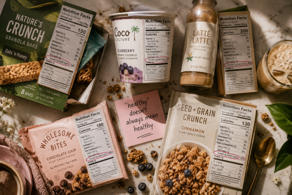 added-sugar-hidden-in-healthy-foods Healthy packaged foods with hidden added sugars displayed on kitchen counter.