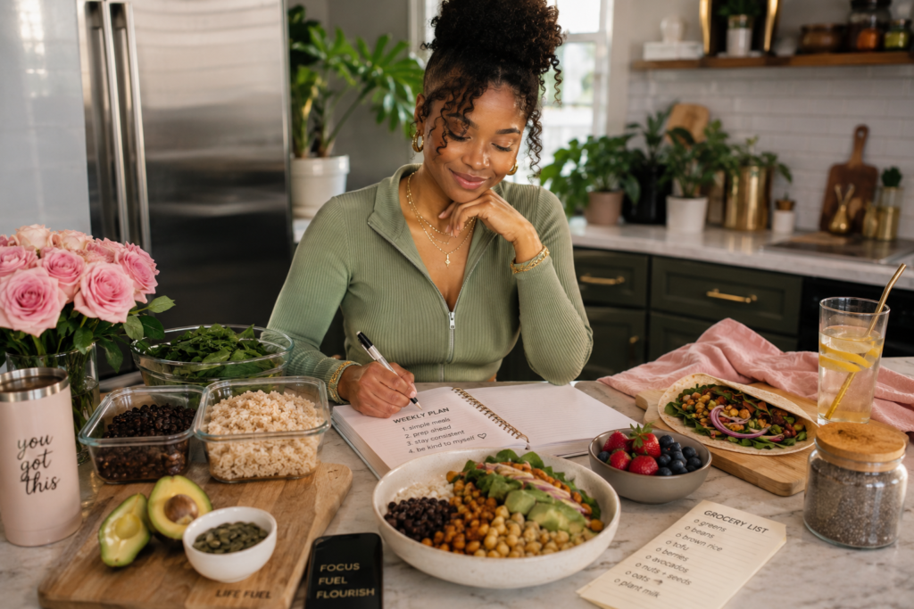 avoid-plant-based-diet-mistakes-meal-planning Person planning simple plant-based meals with beans, brown rice, greens, fruit, nuts, seeds, and a grocery list in a cozy kitchen.