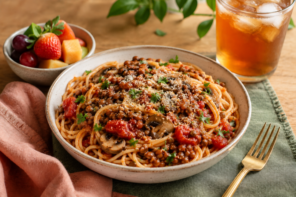balanced-plant-based-taco-bowl-beginners Balanced plant-based spaghetti bowl for beginner healthy eating.