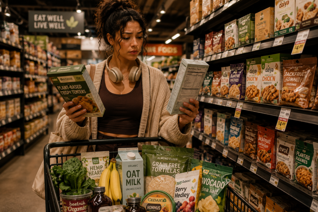 beginner-guide-understanding-food-labels Woman comparing plant-based food labels in grocery store while learning nutrition facts.
