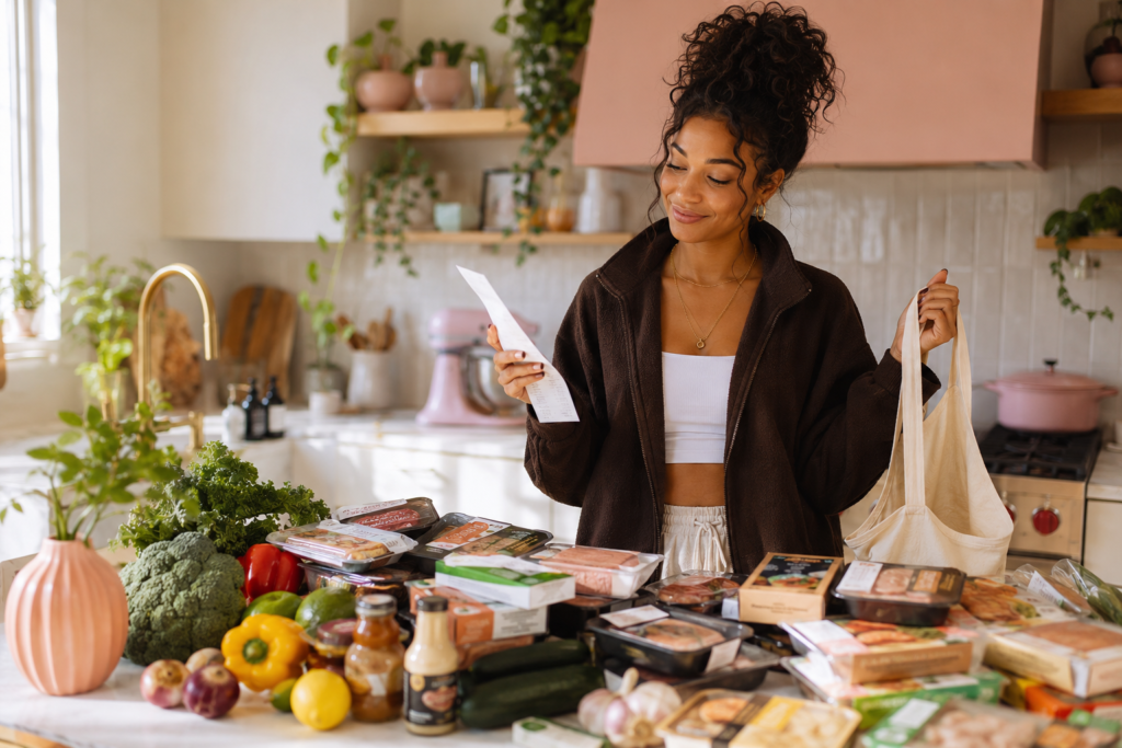 beginner-mistakes-with-plant-based-meat A relatable kitchen scene with too many plant-based meat products on the counter and a beginner trying to organize groceries into meals.