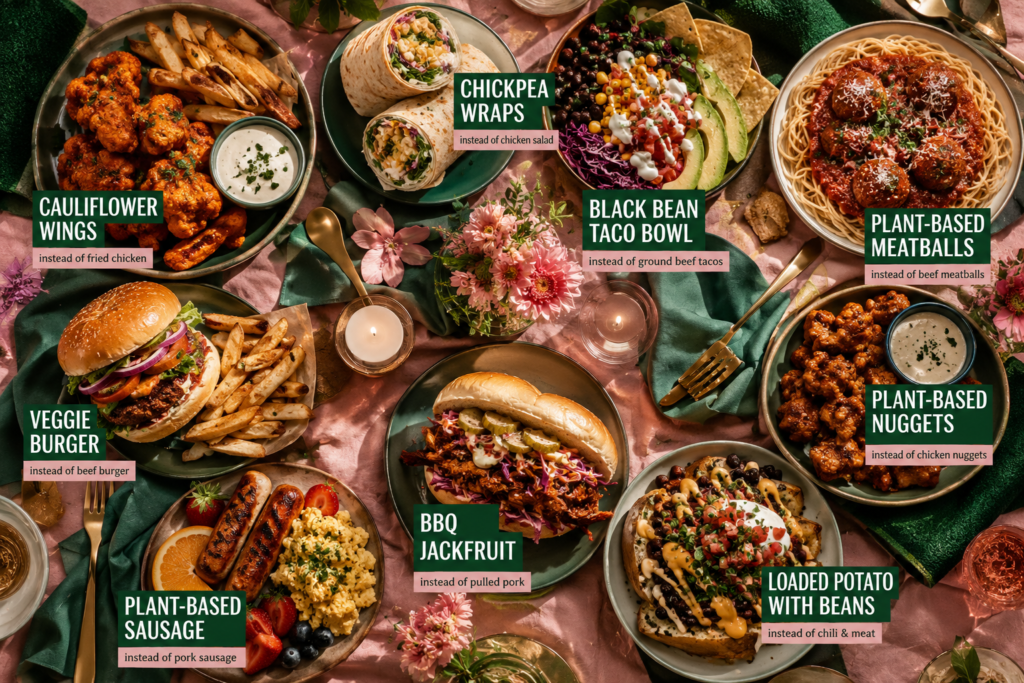 best-plant-based-meat-alternatives-by-meal An overhead table spread of plant-based meat alternative meals including cauliflower wings, chickpea wraps, taco bowls, veggie burgers, and BBQ jackfruit sandwiches.