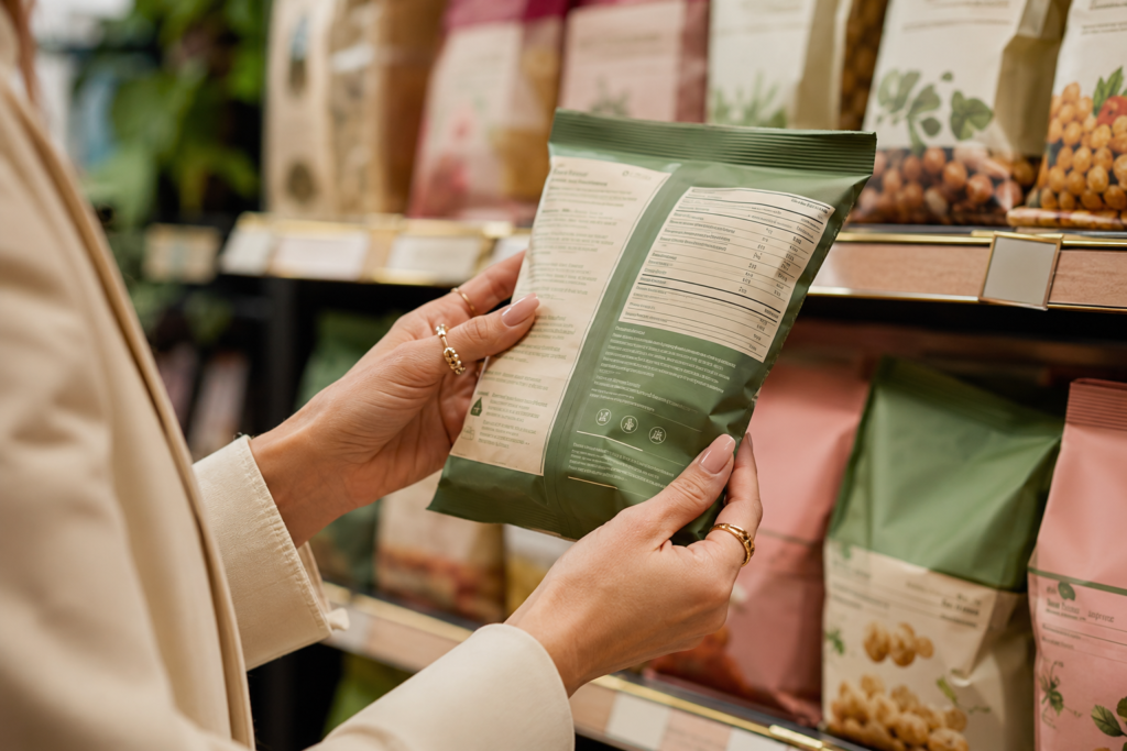 checking-nutrition-facts-label-grocery-store Person checking the nutrition facts label on a packaged plant-based snack in a grocery store.