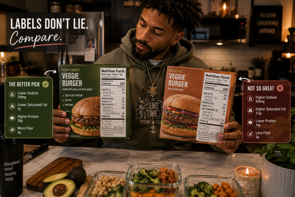 comparing-sodium-and-daily-value Person comparing sodium and nutrition facts on veggie burger packages.