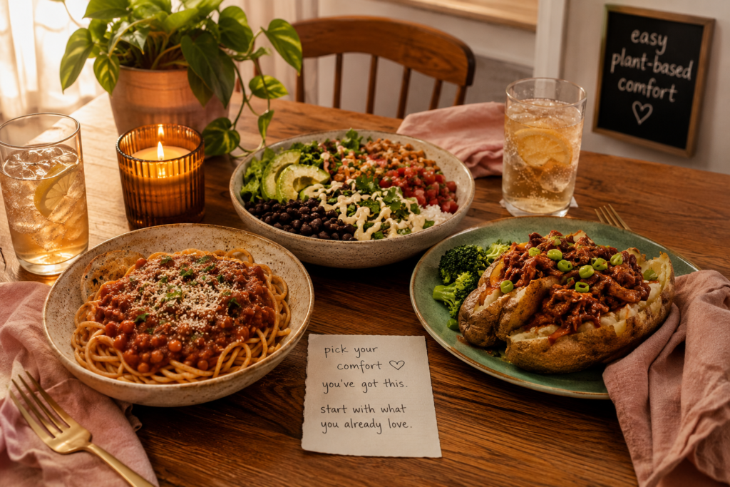 easy-meatless-comfort-meals-for-beginners A cozy dinner table with beginner-friendly meatless comfort meals including lentil spaghetti, black bean taco bowls, and BBQ jackfruit loaded potatoes.
