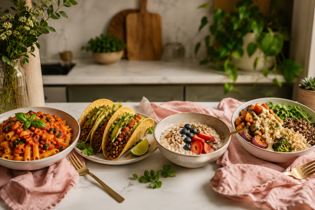 easy-plant-based-food-swaps-for-beginners Easy plant-based food swaps including pasta, lentil tacos, oatmeal, and a grain bowl for beginners starting a plant-based diet.