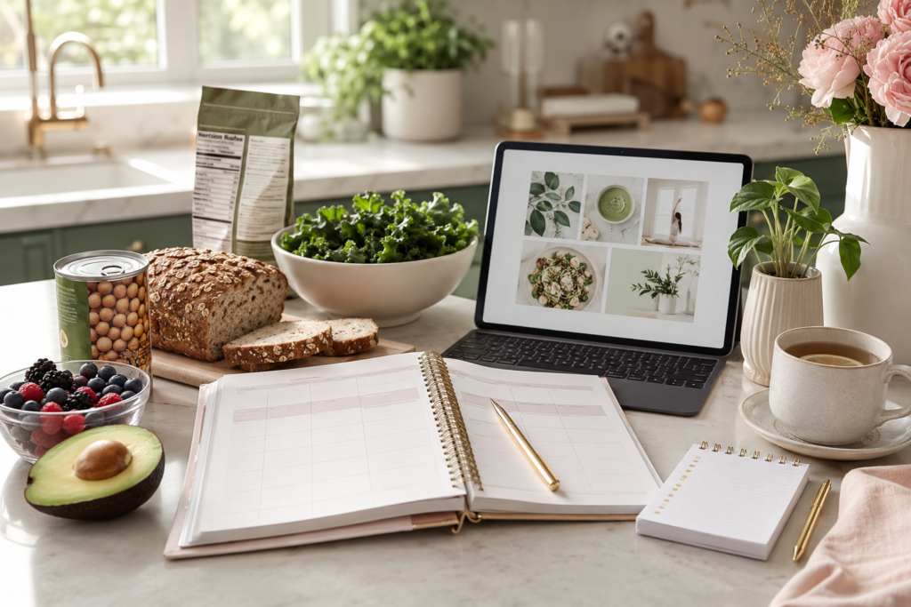 healthy-eating-confidence-meal-plan Healthy eating meal plan setup with grocery list, fresh produce, plant-based foods, tea, and nutrition label.