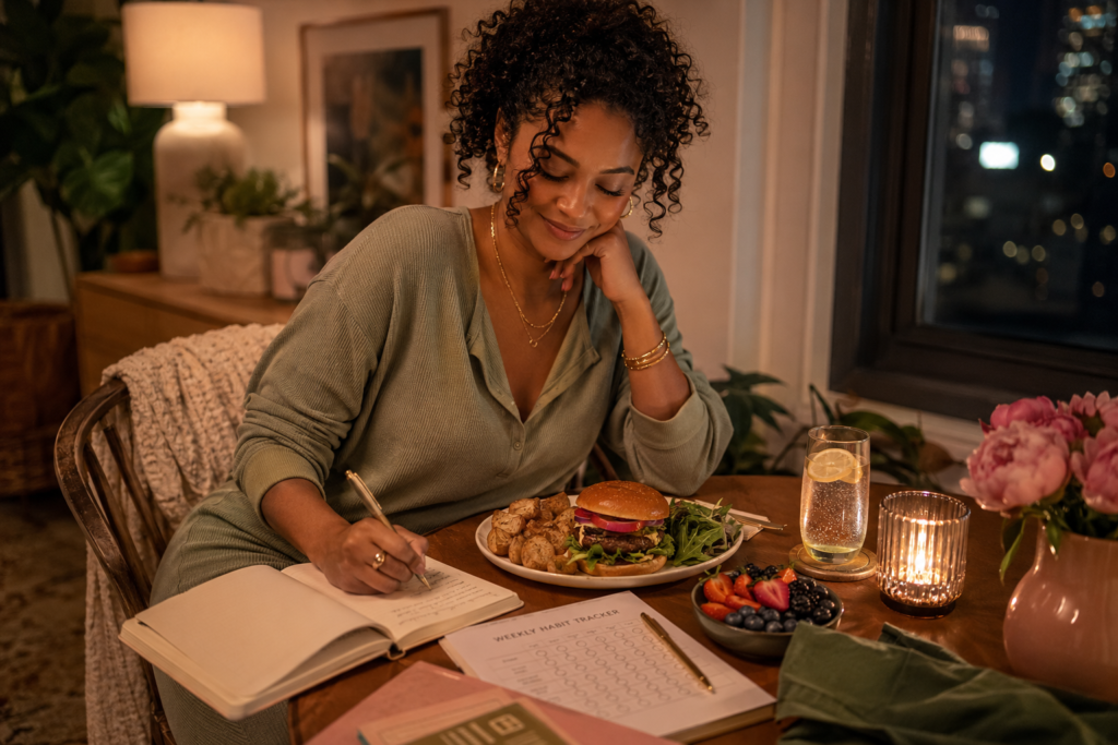 healthy-eating-small-wins-habit-tracker Woman enjoying a simple plant-based dinner with a journal and habit tracker for healthy eating small wins.