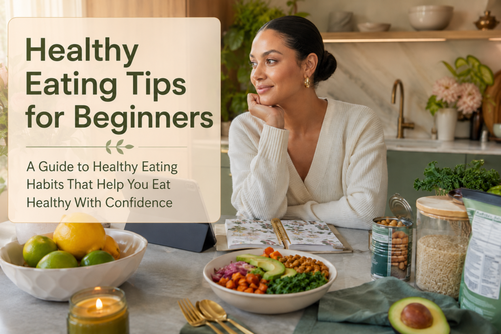 Beginner-friendly healthy eating setup with grocery notes, fresh produce, plant-based foods, and a nutrition label in a cozy modern kitchen.