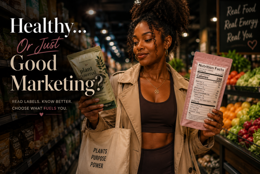 Woman reading nutrition facts label in grocery store while comparing healthy packaged foods in a modern grocery aisle.