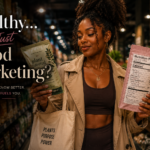 Woman reading nutrition facts label in grocery store while comparing healthy packaged foods in a modern grocery aisle.