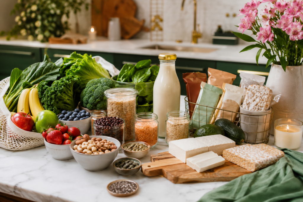 healthy-plant-based-grocery-haul Balanced plant-based grocery haul with whole grains, legumes, leafy greens, tofu, tempeh, nuts, seeds, plant milk, and vegan snacks.
