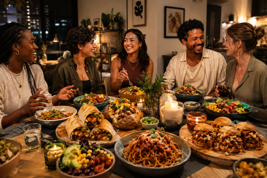 high-fiber-plant-based-meals High-fiber plant-based comfort meals served during cozy dinner gathering.