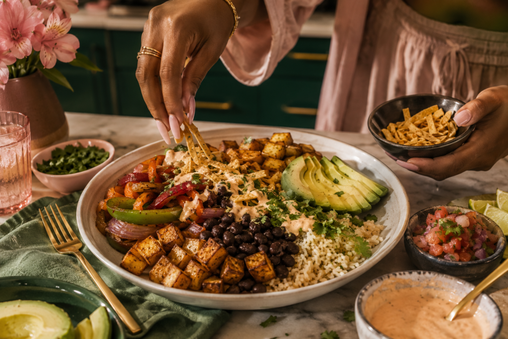 how-to-build-a-filling-meatless-plate Hands adding toppings to a filling meatless plate with beans, rice, vegetables, sauce, avocado, and crunchy toppings.