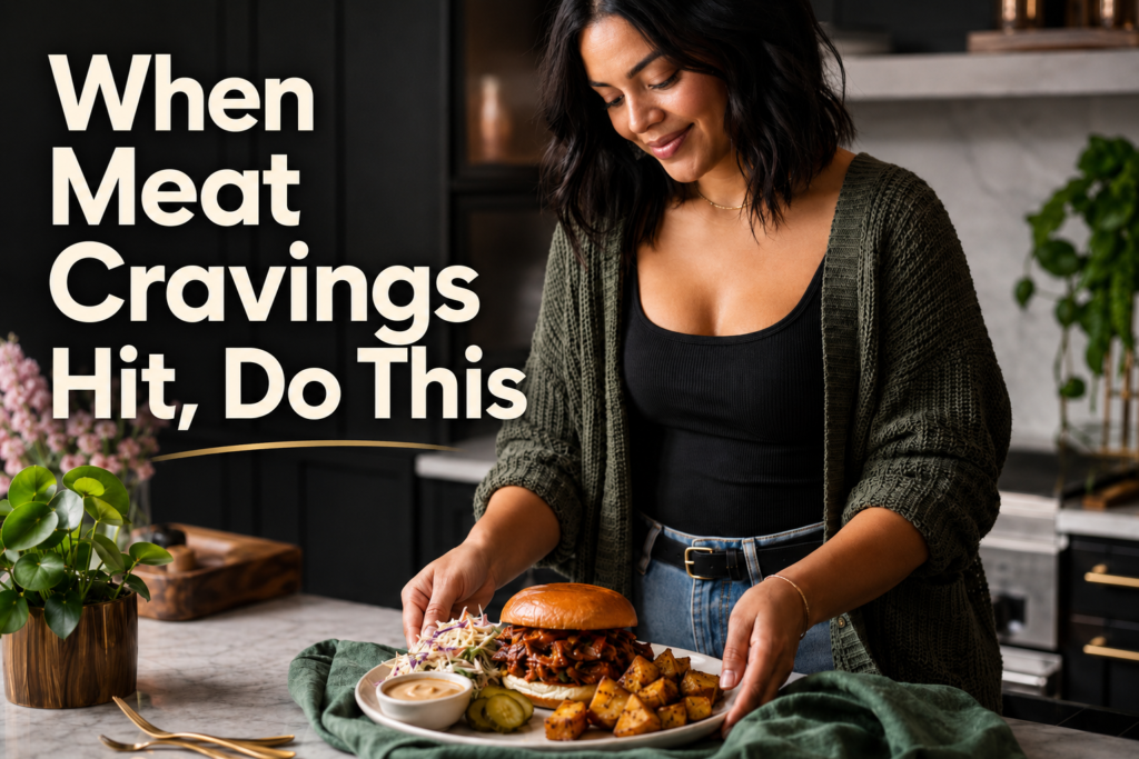 Plant-based BBQ jackfruit sandwich with crispy potatoes and slaw styled on a cozy-luxe kitchen counter for a blog post about handling meat cravings.