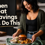 Plant-based BBQ jackfruit sandwich with crispy potatoes and slaw styled on a cozy-luxe kitchen counter for a blog post about handling meat cravings.