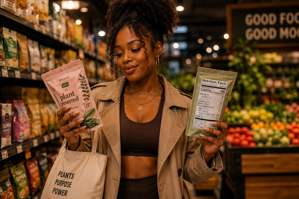 how-to-read-nutrition-labels-2026-featured-image Woman reading nutrition facts label in grocery store while comparing healthy packaged foods in a modern grocery aisle.