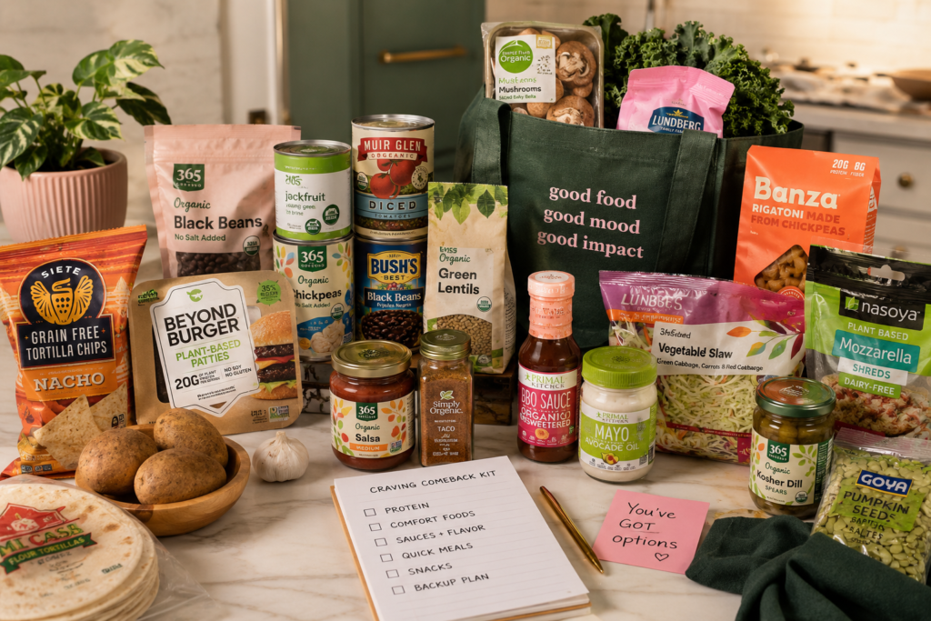 meat-free-grocery-staples-for-cravings A plant-based grocery haul with veggie burgers, beans, jackfruit, tortillas, sauces, pasta, potatoes, and craving-friendly staples.