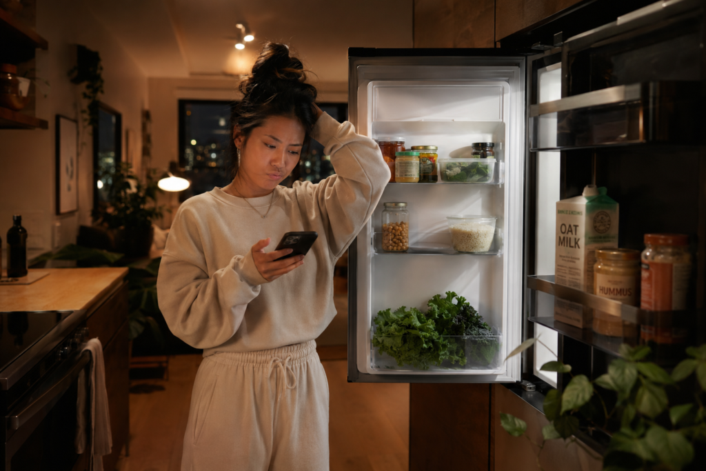 plant-based-beginner-no-meal-plan Plant-based beginner looking into the fridge without a meal plan while trying to find an easy plant-based dinner.