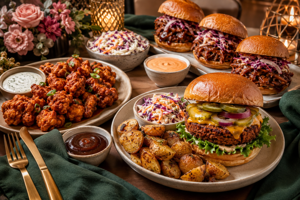 plant-based-comfort-food-swaps-for-meat-cravings Plant-based comfort food spread with veggie burgers, cauliflower wings, BBQ jackfruit sliders, potatoes, slaw, and dipping sauces.