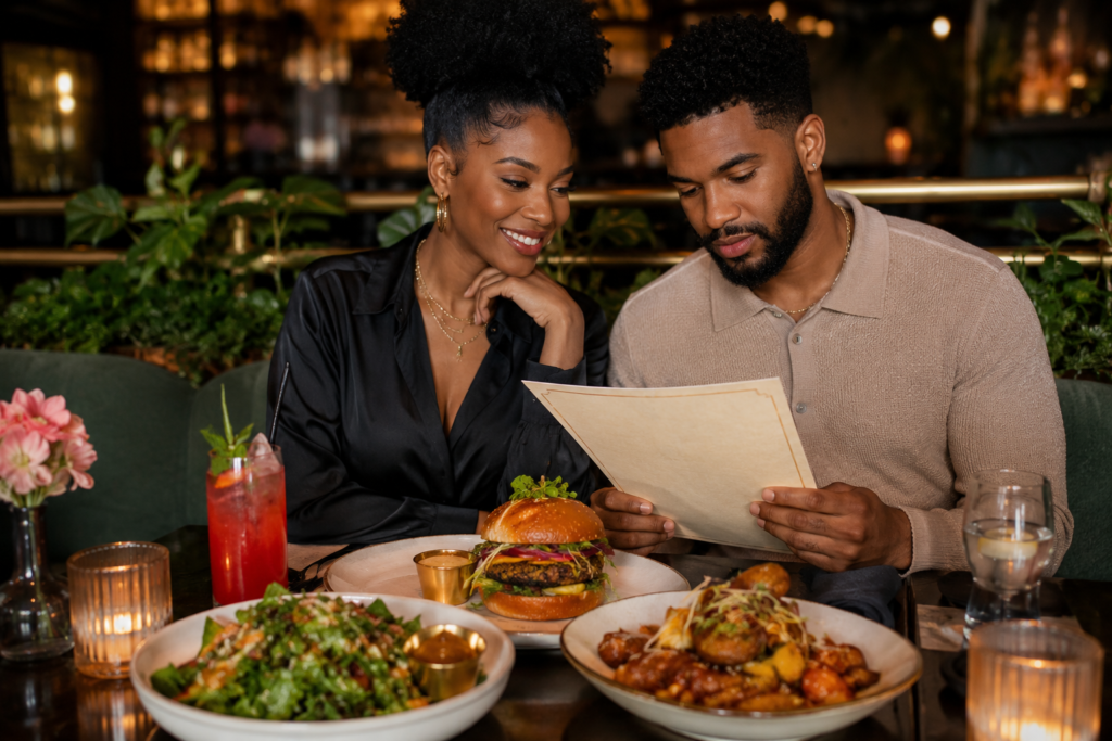 plant-based-date-night-real-life-eating Couple enjoying a plant-based date night meal at a cozy restaurant while choosing realistic plant-based options.