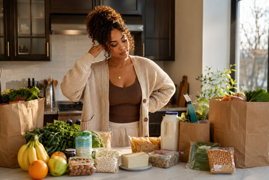 plant-based-diet-transition-overwhelm Beginner plant-based eater feeling overwhelmed while unpacking groceries for a new plant-based diet in a cozy modern kitchen.