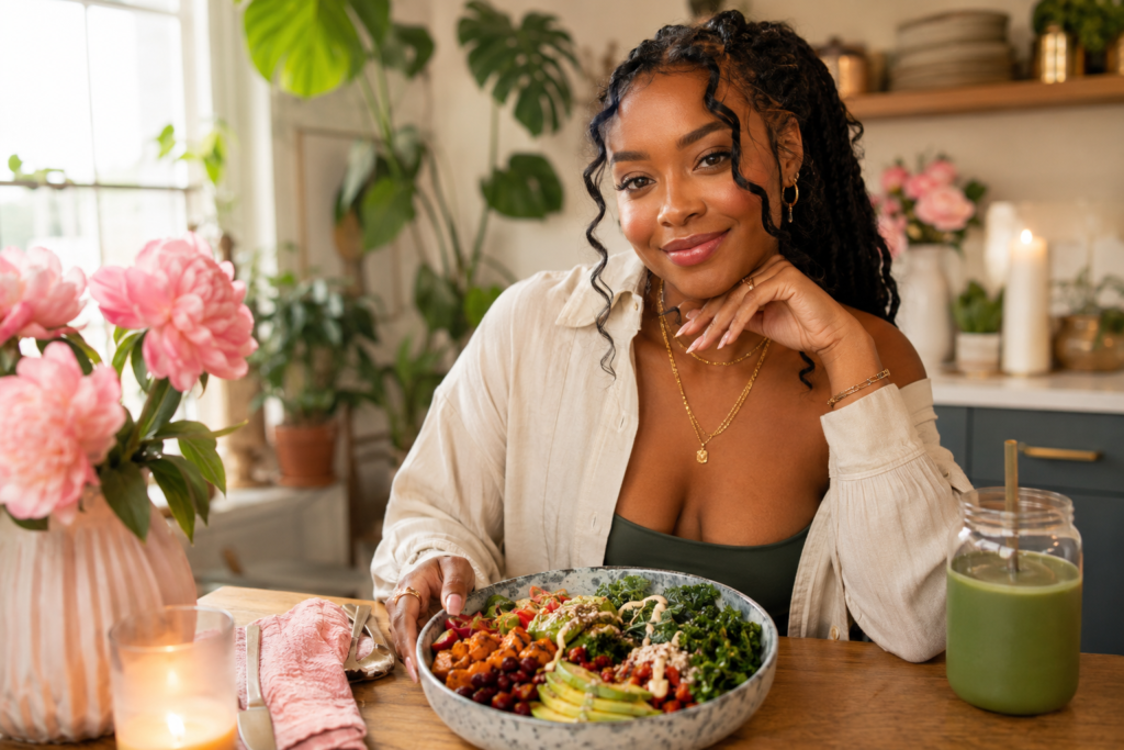 plant-based-glow-up-beginner-confidence Confident beginner enjoying a colorful plant-based meal in a cozy kitchen after learning how to make plant-based eating easier.