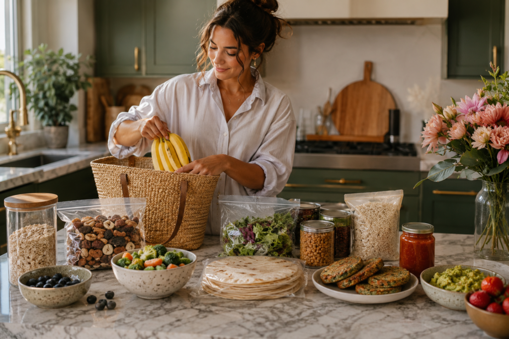 plant-based-grocery-shortcuts-busy-days Plant-based grocery shortcuts including rice, beans, salad, wraps, fruit, oats, salsa, and guacamole on a kitchen counter.