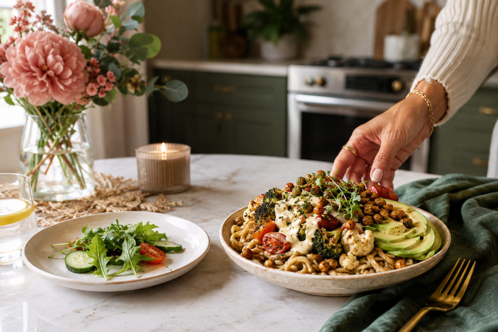 plant-based-meal-mistakes-too-light-plate A comparison of a tiny plain salad and a fuller plant-based plate showing why light meals can make cravings worse.