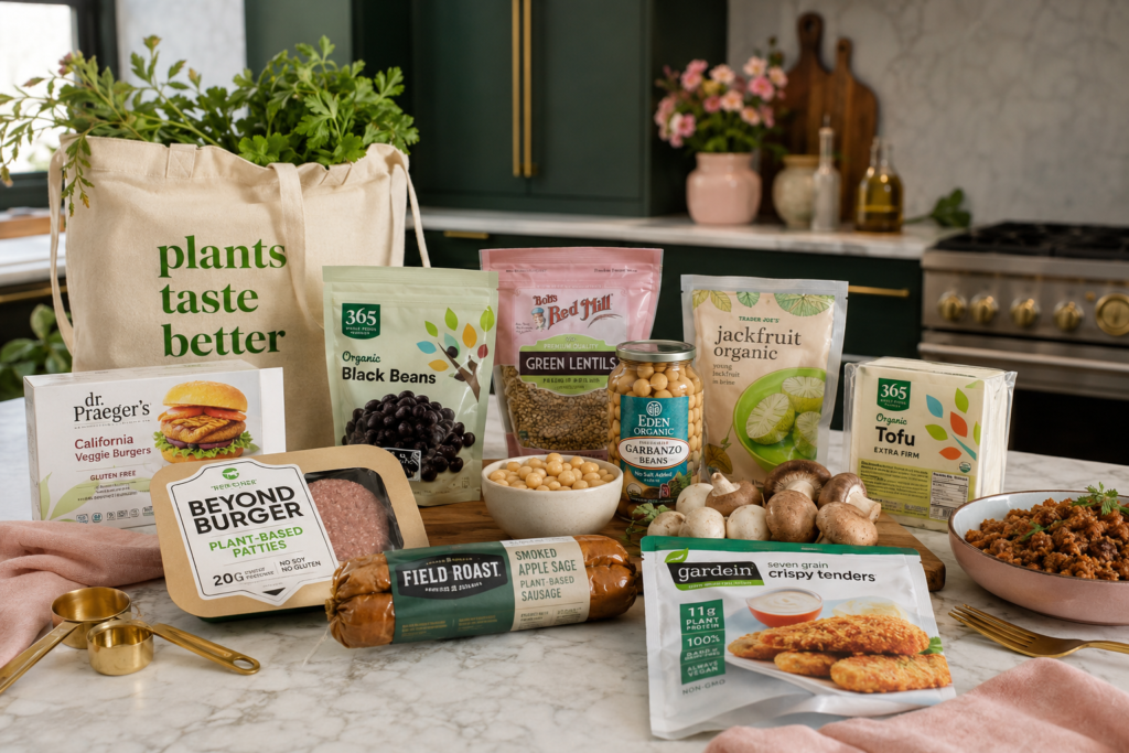 plant-based-meat-alternatives-grocery-haul A kitchen counter with plant-based meat alternatives including veggie burgers, lentils, beans, mushrooms, jackfruit, tofu, and vegan nuggets.