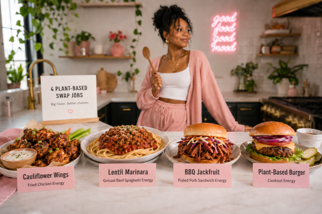 plant-based-meat-swaps-by-meal-type Four plant-based meal stations showing cauliflower wings, lentil spaghetti, BBQ jackfruit, and a plant-based burger as meat alternatives.