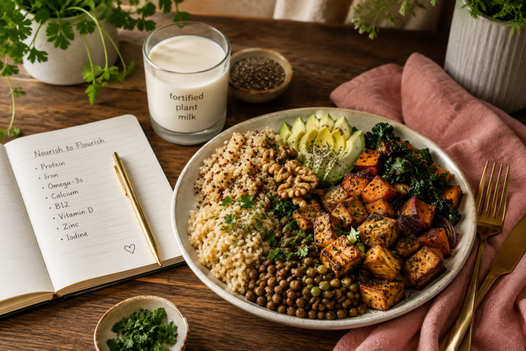 plant-based-nutrition-nutrient-rich-meal Nutrient-rich plant-based meal with tofu, lentils, quinoa, leafy greens, nuts, seeds, and fortified plant milk.