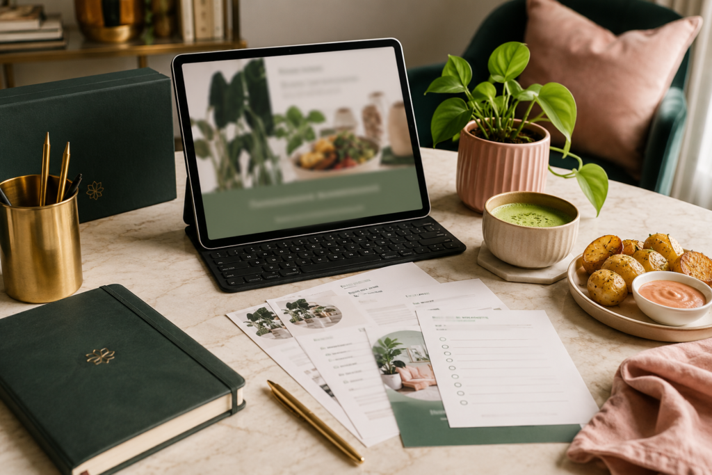 plant-vixen-craving-plan-digital-guide A premium Plant Vixen-style digital guide mockup with worksheets, journal, matcha, and plant-based snack on a cozy-luxe desk.