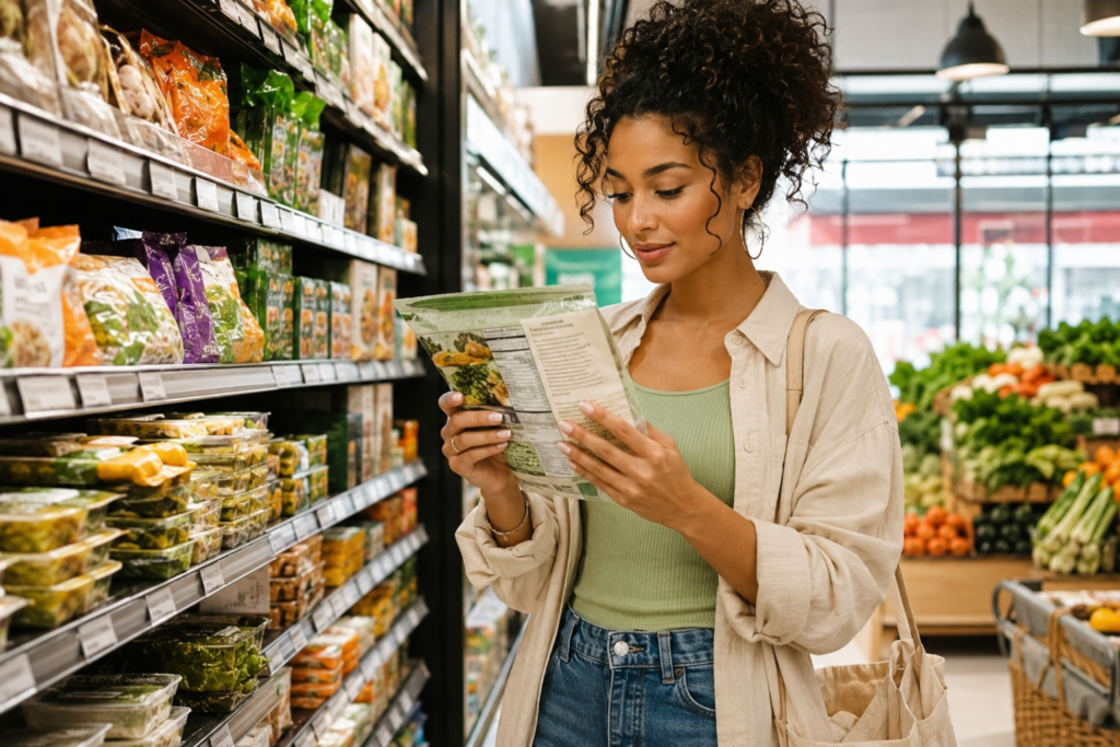 reading-vegan-food-labels-grocery-store Woman reading a vegan food nutrition label in the grocery store while making informed plant-based diet choices.