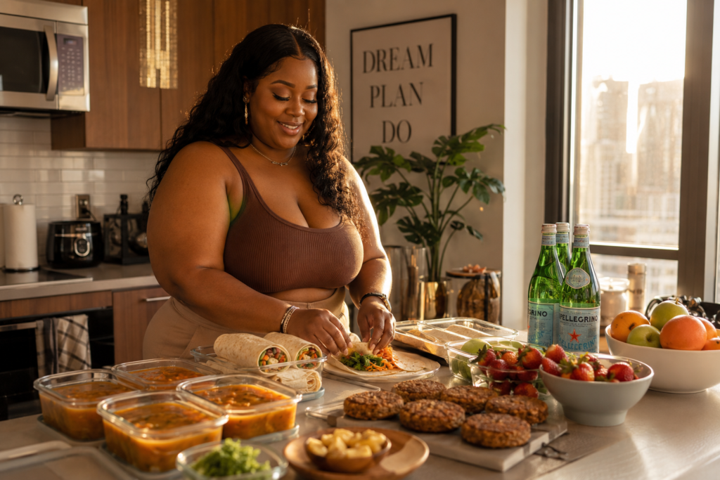 realistic-plant-based-grocery-confidence Woman confidently meal prepping realistic plant-based meals in cozy apartment kitchen.