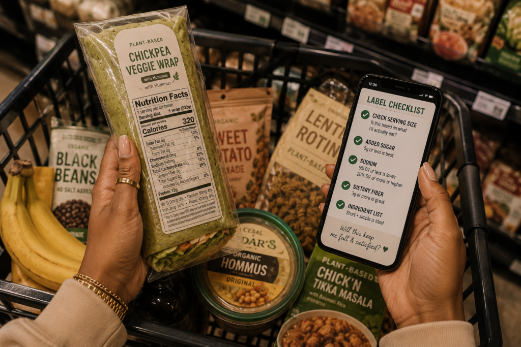 simple-food-label-checklist Person using simple checklist while reading food nutrition labels in grocery store.