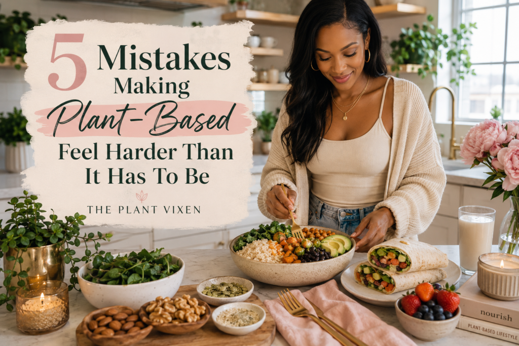 Beginner-friendly plant-based meal prep with whole grains, vegetables, beans, leafy greens, nuts, seeds, and simple plant-based foods in a cozy modern kitchen.