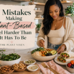 Beginner-friendly plant-based meal prep with whole grains, vegetables, beans, leafy greens, nuts, seeds, and simple plant-based foods in a cozy modern kitchen.