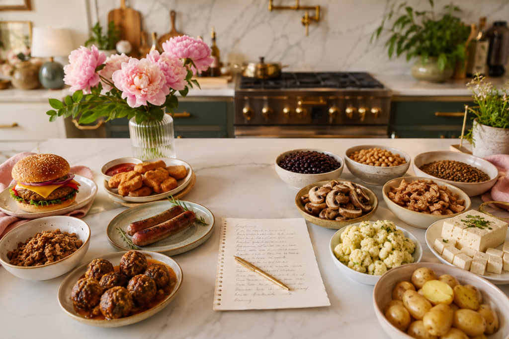 store-bought-vegan-meat-vs-whole-food-swaps A kitchen island comparing store-bought vegan meat products with whole-food plant-based meat substitutes like lentils, beans, mushrooms, jackfruit, and tofu.