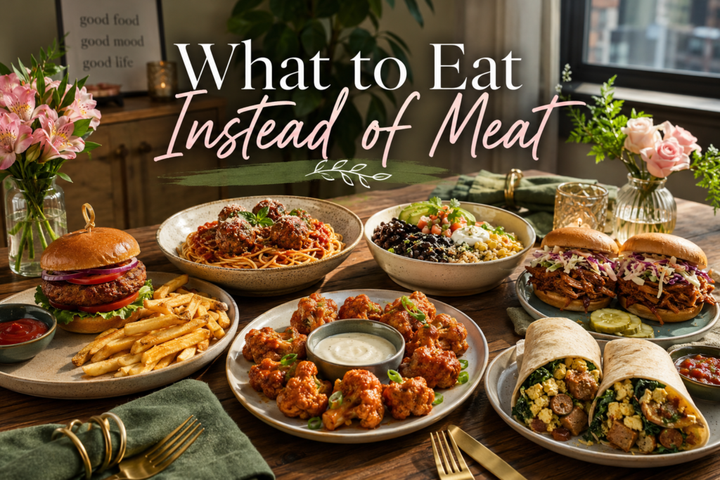 A cozy dinner table filled with plant-based meat alternative meals including burgers, lentil spaghetti, taco bowls, BBQ jackfruit sandwiches, and cauliflower wings.