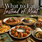A cozy dinner table filled with plant-based meat alternative meals including burgers, lentil spaghetti, taco bowls, BBQ jackfruit sandwiches, and cauliflower wings.