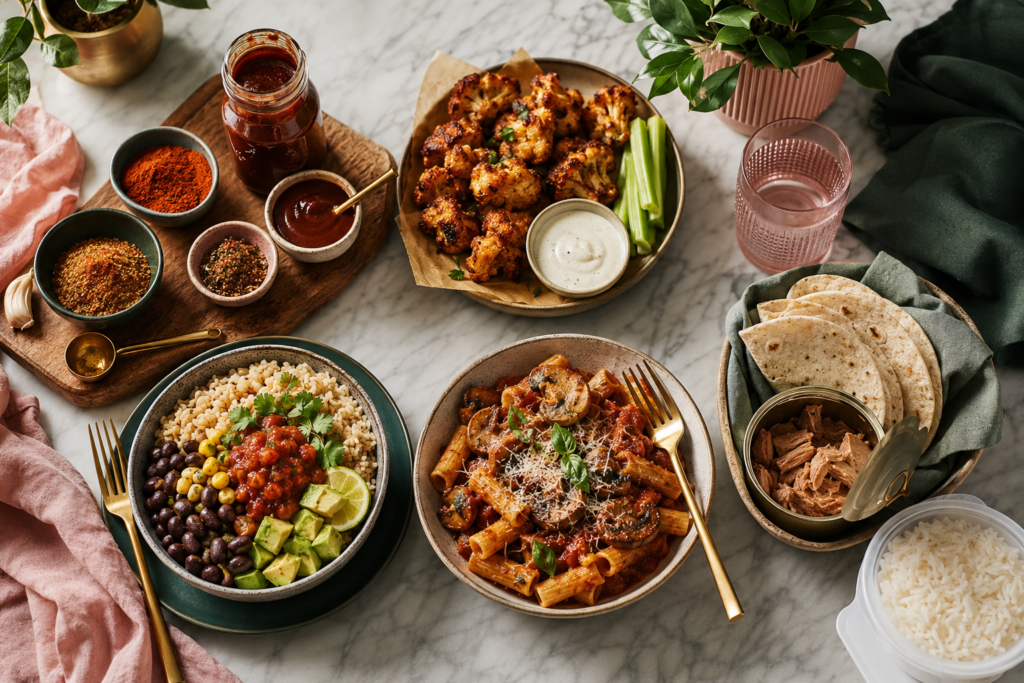 what-youre-actually-craving-plant-based A styled plant-based craving breakdown with smoky spices, crispy cauliflower wings, hearty bowls, pasta, and easy grocery shortcuts.