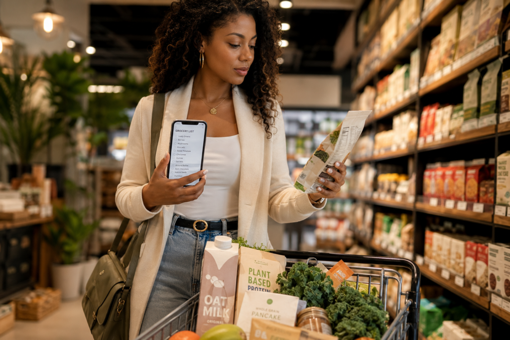 Woman using a grocery checklist to avoid hidden dairy while shopping for packaged foods.