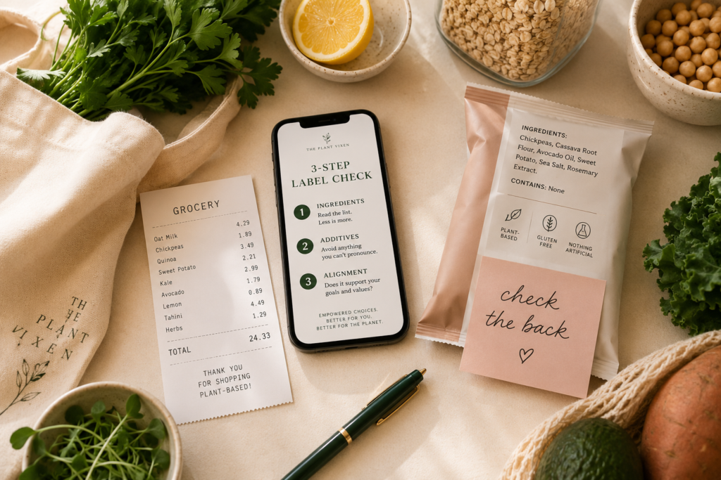 Grocery label-reading checklist with packaged food, phone, pen, and plant-based groceries.