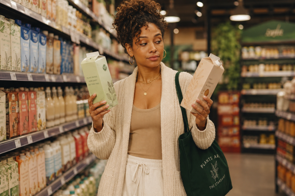 Shopper comparing plant-based and non-dairy packaged food labels in a grocery store.